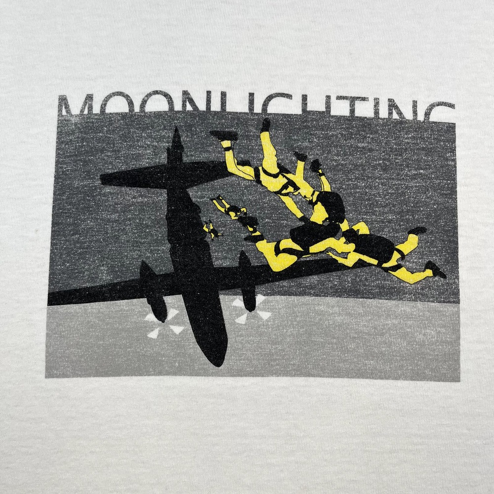 Vintage Stussy T-Shirt Adult Medium White Moonlighting Futura Plane Skydive y2k - Picture 3 of 13